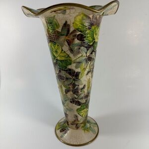 E. Dean Designs Decoupage Green Floral Glass Vase 11” Tall Handmade USA